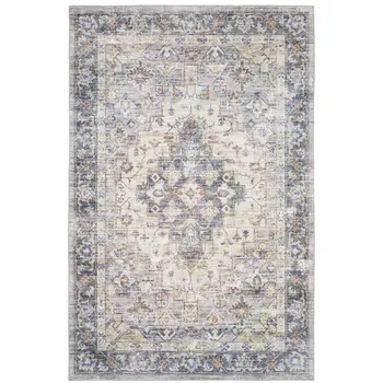 5' X 7' Blue Gold Grey Orange Yellow And Purple Oriental Power Loom Stain Resistant Area Rug