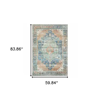 5' X 7' Orange Blue Teal Green And Beige Oriental Power Loom Stain Resistant Area Rug