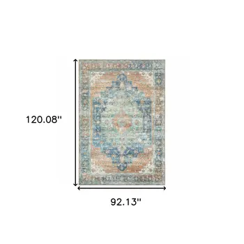 8' X 10' Rust And Blue Oriental Distressed Area Rug