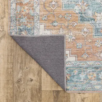 9' X 12' Rust And Blue Oriental Distressed Area Rug
