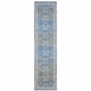 8' Blue and Gray Oriental Power Loom Runner Rug