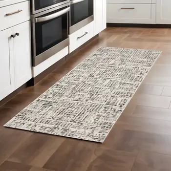 2' X 8' Ivory Grey Charcoal Brown And Beige Abstract Power Loom Stain Resistant Runner Rug