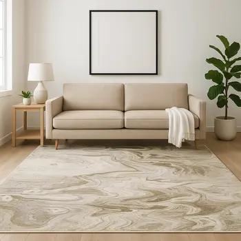 5' X 8' Ivory Tan Beige Grey And Brown Abstract Power Loom Stain Resistant Area Rug