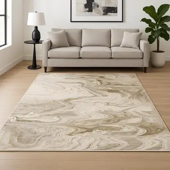 6' X 9' Beige And Ivory Abstract Power Loom Stain Resistant Area Rug