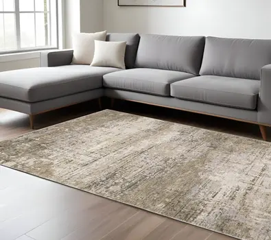 10' X 13' Beige And Gray Abstract Distressed Area Rug
