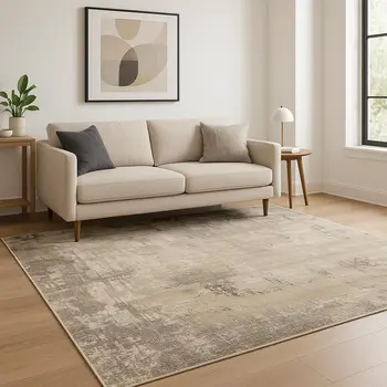 5' X 8' Beige Grey Ivory Tan And Brown Abstract Power Loom Stain Resistant Area Rug