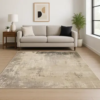 6' X 9' Beige Grey Ivory Tan And Brown Abstract Power Loom Stain Resistant Area Rug