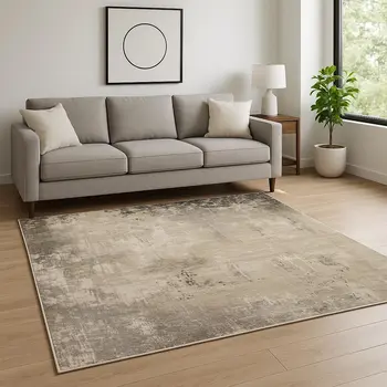 8' X 11' Beige Grey Ivory Tan And Brown Abstract Power Loom Stain Resistant Area Rug