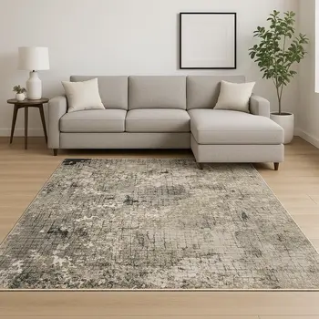 8' X 11' Grey Ivory Beige Charcoal Black Tan And Brown Abstract Power Loom Stain Resistant Area Rug