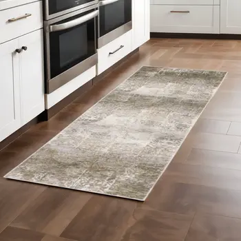 2' X 8' Ivory Grey Tan Brown And Beige Abstract Power Loom Stain Resistant Runner Rug
