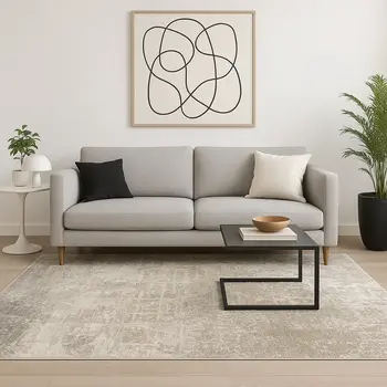 5' X 8' Ivory Grey Tan Brown And Beige Abstract Power Loom Stain Resistant Area Rug