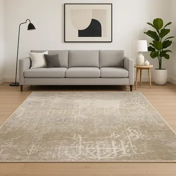 6' X 9' Ivory Grey Tan Brown And Beige Abstract Power Loom Stain Resistant Area Rug