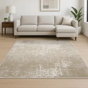 8' X 11' Ivory Grey Tan Brown And Beige Abstract Power Loom Stain Resistant Area Rug