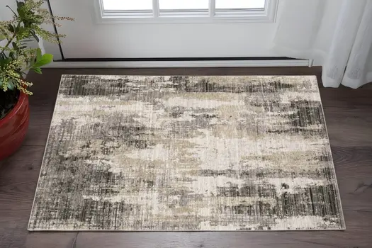 3' X 5' Grey Beige Charcoal Brown Tan And Ivory Abstract Power Loom Stain Resistant Area Rug