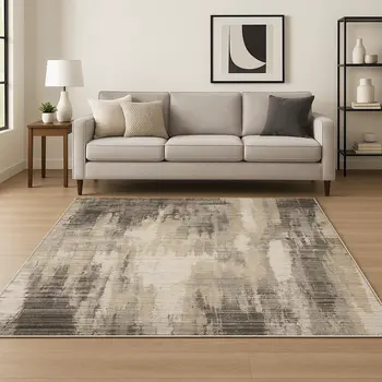 8' X 11' Grey Beige Charcoal Brown Tan And Ivory Abstract Power Loom Stain Resistant Area Rug
