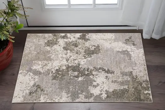 3' X 5' Grey Ivory Beige Tan Brown And Black Abstract Power Loom Stain Resistant Area Rug