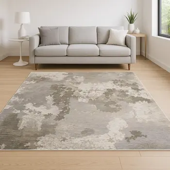 10' X 13' Grey Ivory Beige Tan Brown And Black Abstract Power Loom Stain Resistant Area Rug