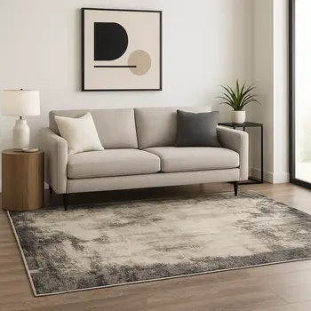 5' X 8' Grey Ivory Charcoal Tan Black And Beige Abstract Power Loom Stain Resistant Area Rug