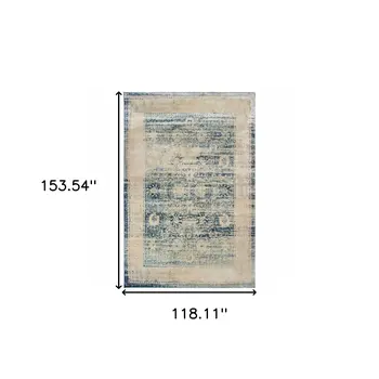 10' X 13' Ivory And Blue Oriental Power Loom Stain Resistant Area Rug