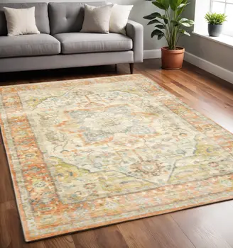 5' X 7' Orange Silver Gold And Grey Abstract Power Loom Stain Resistant Area Rug