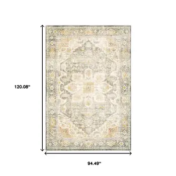 8' X 10' Grey Gold Orange And Ivory Oriental Power Loom Stain Resistant Area Rug