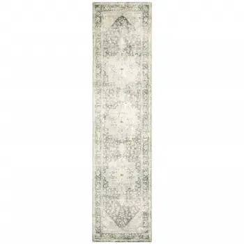 8' Gray and Ivory Oriental Power Loom Runner Rug