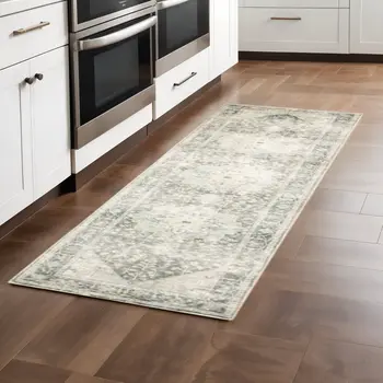 8' Gray and Ivory Oriental Power Loom Runner Rug