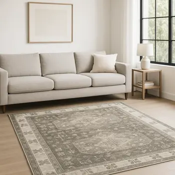 8' X 10' Grey Ivory Tan And Beige Oriental Power Loom Stain Resistant Area Rug