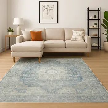 8' X 10' Grey Blue And Ivory Oriental Power Loom Stain Resistant Area Rug