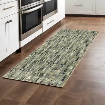 2' X 8' Green Blue Ivory Beige And Light Blue Abstract Power Loom Stain Resistant Runner Rug