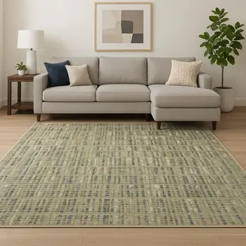 7' X 9' Green And Ivory Abstract Shag Area Rug
