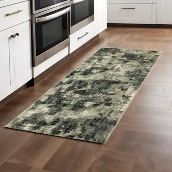 2' X 8' Grey Beige Charcoal And Blue Abstract Power Loom Stain Resistant Runner Rug