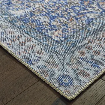 5' X 8' Blue And Grey Oriental Power Loom Stain Resistant Area Rug