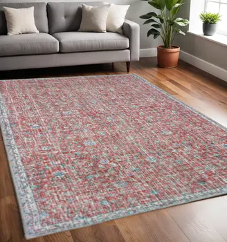 5' X 8' Red And Blue Oriental Power Loom Stain Resistant Area Rug