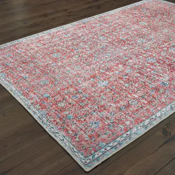 8' X 11' Red And Blue Oriental Power Loom Stain Resistant Area Rug