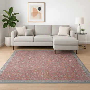 8' X 11' Red And Blue Oriental Power Loom Stain Resistant Area Rug
