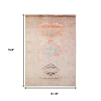 4' X 6' Pink And Blue Oriental Power Loom Stain Resistant Area Rug