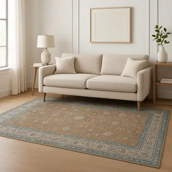 5' X 8' Gold And Grey Oriental Power Loom Stain Resistant Area Rug