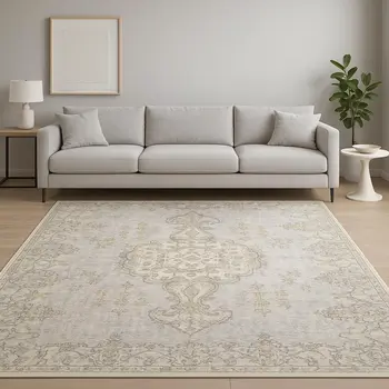 8' X 10' Grey And Gold Oriental Power Loom Stain Resistant Area Rug
