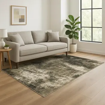 5' X 7' Charcoal Grey And Beige Abstract Power Loom Stain Resistant Area Rug