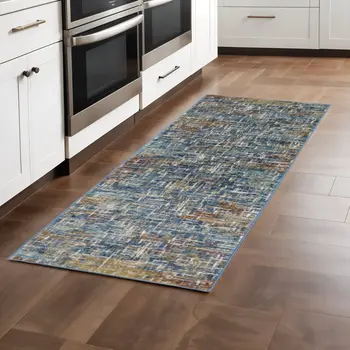 2' X 8' Blue Teal Gold Rust And Beige Abstract Power Loom Stain Resistant Runner Rug