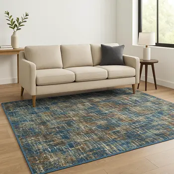 5' X 7' Blue Teal Gold Rust And Beige Abstract Power Loom Stain Resistant Area Rug