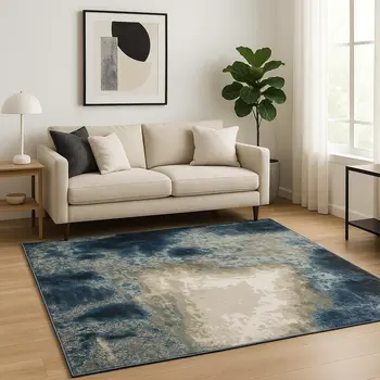5' X 7' Blue Grey Charcoal And Beige Abstract Power Loom Stain Resistant Area Rug