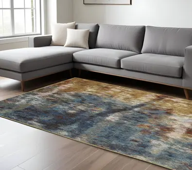 8' X 10' Blue And Gold Abstract Area Rug
