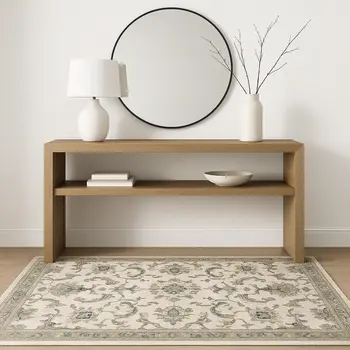 4' X 6' Beige Gold Blue And Grey Oriental Power Loom Stain Resistant Area Rug