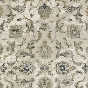 5' X 7' Beige Gold Blue And Grey Oriental Power Loom Stain Resistant Area Rug