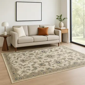 5' X 7' Beige Gold Blue And Grey Oriental Power Loom Stain Resistant Area Rug