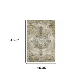 4' X 6' Grey Blue Beige And Gold Oriental Power Loom Stain Resistant Area Rug