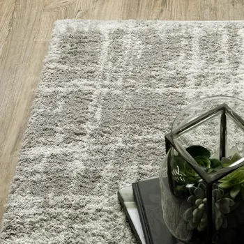 6' X 9' Grey And Ivory Abstract Shag Power Loom Stain Resistant Area Rug