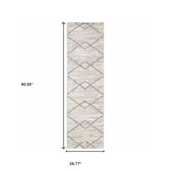 2' X 8' Ivory And Grey Geometric Shag Power Loom Stain Resistant Runner Rug